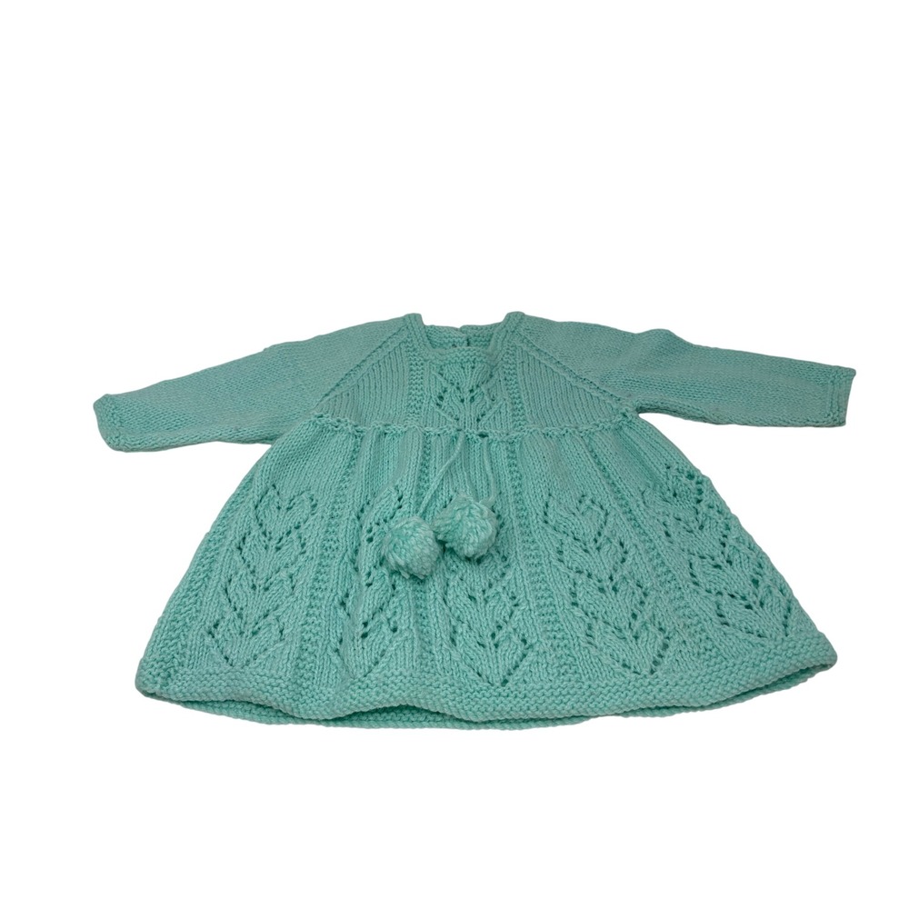 Vintage Handmade Mint Green Knit Baby Dress Pom Pom Pointelle 12-18 Months